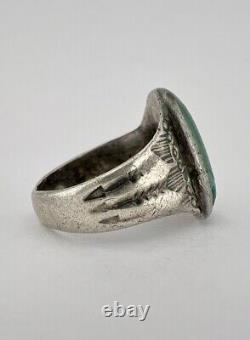 1930s Navajo Dead Pawn Sterling Silver Cerrillos Turquoise Stamped Arrow Ring