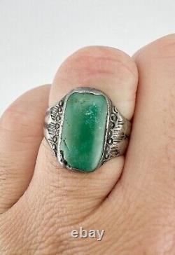 1930s Navajo Dead Pawn Sterling Silver Cerrillos Turquoise Stamped Arrow Ring