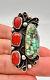 2 Vintage Navajo SONORAN GOLD Turquoise & Red Coral Sterling Silver Long Ring