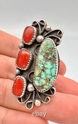 2 Vintage Navajo SONORAN GOLD Turquoise & Red Coral Sterling Silver Long Ring