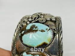 96g Vintage beautiful Navajo 3 Turquoise Sterling Silver Big Cuff Bracelet