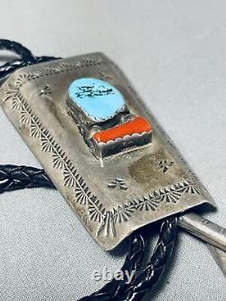 Astonishing Vintage Navajo Morenci Turquoise Coral Sterling Silver Bolo