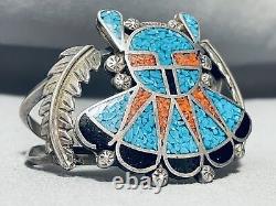 Chief Dancer Vintage Navajo Turquoise Coral Sterling Silver Bracelet