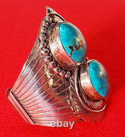 Exceptional 2-stone Vintage Navajo Turquoise & Sterling Silver Cuff Bracelet