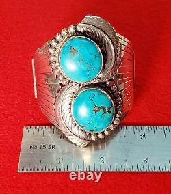 Exceptional 2-stone Vintage Navajo Turquoise & Sterling Silver Cuff Bracelet