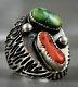 HUGE Vintage Navajo Old Pawn Sterling Silver Turquoise & Coral Ring UNIQUE