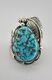 HUGE Vtg Navajo Sterling Silver Blue Sleeping Beauty Turquoise Stamped Leaf Ring