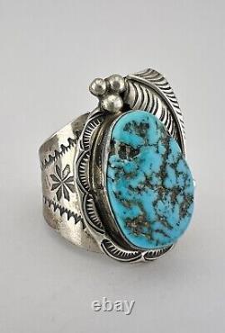 HUGE Vtg Navajo Sterling Silver Blue Sleeping Beauty Turquoise Stamped Leaf Ring