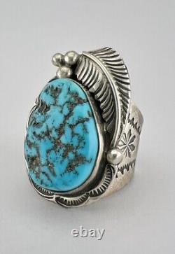 HUGE Vtg Navajo Sterling Silver Blue Sleeping Beauty Turquoise Stamped Leaf Ring