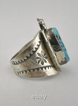 HUGE Vtg Navajo Sterling Silver Blue Sleeping Beauty Turquoise Stamped Leaf Ring