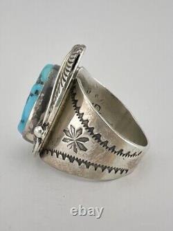 HUGE Vtg Navajo Sterling Silver Blue Sleeping Beauty Turquoise Stamped Leaf Ring