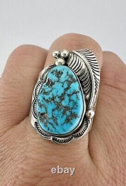 HUGE Vtg Navajo Sterling Silver Blue Sleeping Beauty Turquoise Stamped Leaf Ring