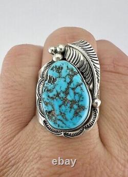 HUGE Vtg Navajo Sterling Silver Blue Sleeping Beauty Turquoise Stamped Leaf Ring