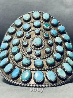 Important Hueg Vintage Navajo Turquoise Sterling Silver Cluster Bracelet