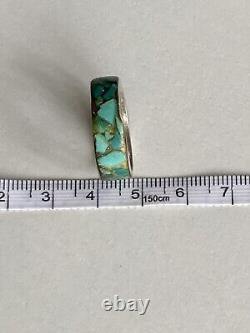 Impressive Vintage Navajo Turquoise Inlay Sterling Silver Ring Old