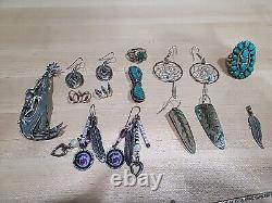 Lot Navajo Zuni Native Turquoise Silvertone Unsigned American Earring Ring VTG