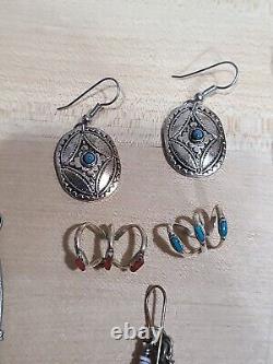 Lot Navajo Zuni Native Turquoise Silvertone Unsigned American Earring Ring VTG