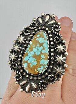 MASSIVE Vtg Navajo Sterling Silver #8 Number 8 Turquoise Stamped Ring 50g