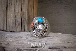 Men's Vintage Navajo Sterling Silver Coral Turquoise Buffalo Ring Size 11.75