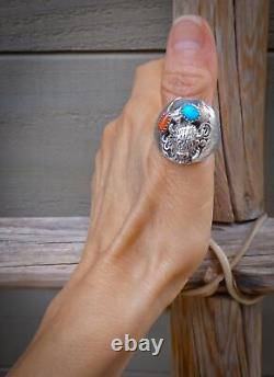 Men's Vintage Navajo Sterling Silver Coral Turquoise Buffalo Ring Size 11.75