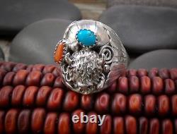 Men's Vintage Navajo Sterling Silver Coral Turquoise Buffalo Ring Size 11.75