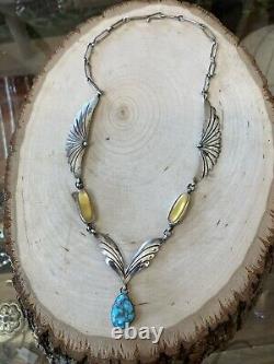 Mike Platero Navajo Vintage Sterling Silver Turquoise Yellow MOP Necklace Native