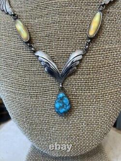 Mike Platero Navajo Vintage Sterling Silver Turquoise Yellow MOP Necklace Native