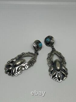 Navajo Handmade Vintage Sterling Silver Bear Claw Turquoise Earrings Signed