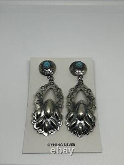 Navajo Handmade Vintage Sterling Silver Bear Claw Turquoise Earrings Signed