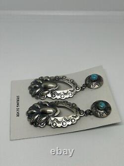 Navajo Handmade Vintage Sterling Silver Bear Claw Turquoise Earrings Signed