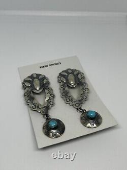 Navajo Handmade Vintage Sterling Silver Bear Claw Turquoise Earrings Signed