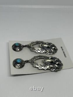 Navajo Handmade Vintage Sterling Silver Bear Claw Turquoise Earrings Signed