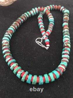Navajo Mens Sterling Silver Heishi Turquoise Coral Necklace 8506
