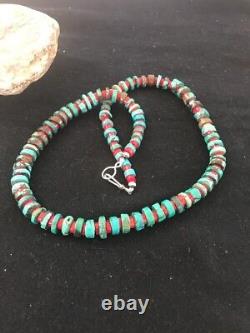 Navajo Mens Sterling Silver Heishi Turquoise Coral Necklace 8506
