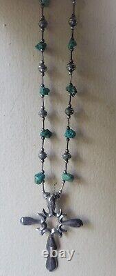 Navajo Turquoise Cross Necklace Native American Indian Sterling Silver Vintage
