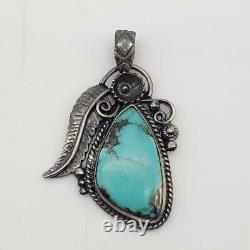 Navajo Turquoise Pendant Sterling Silver Vintage Native American Feather Flower