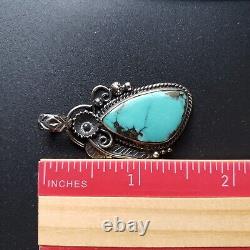 Navajo Turquoise Pendant Sterling Silver Vintage Native American Feather Flower