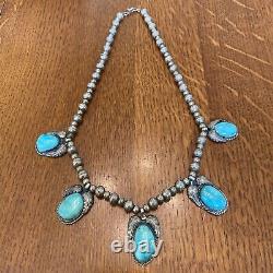 Navajo Vintage Bench Bead Sterling Silver Turquoise Blossom Station Necklace