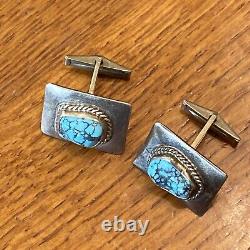 Navajo Vintage Cufflinks Sterling Silver Fabricated Fine Web Turquoise D