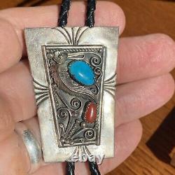 Navajo sterling silver turquoise coral Cabochon 38 bolo vintage