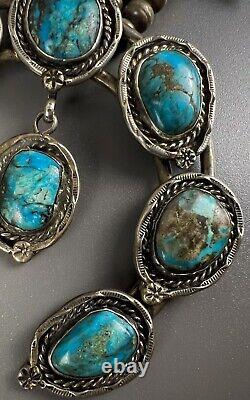 RARE Vintage Navajo Silver Turquoise CHRYSOCOLLA Squash Blossom Necklace NICE
