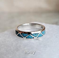 Size 11.5 Vintage NAVAJO TURQUOISE Chip Inlay Sterling Silver Ring