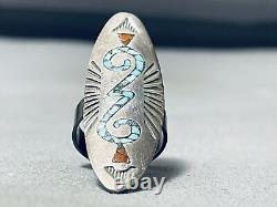 Taller Vintage Navajo Turquoise Coral Sterling Silver Inlay Ring Old