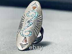 Taller Vintage Navajo Turquoise Coral Sterling Silver Inlay Ring Old