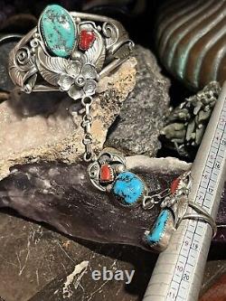 To Die For' Vintage Apachito (navajo) Turquoise Coral & Sterling Slave Bracelet