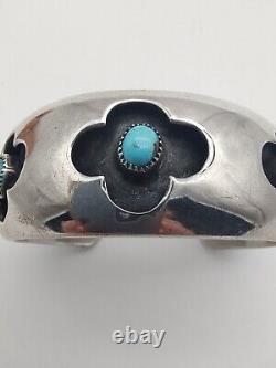 Unique Vintage Navajo Sterling Silver Turquoise Flower Shadowbox Cuff Bracelet