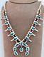 VINTAGE OLD PAWN STERLING SILVER TURQUOISE SQUASH BLOSSOM NECKLACE 23.5 62.3gr