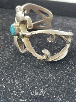 VINTAGE Turquoise Stone Silver Navajo Sand Cast Original Native NM Cuff Bracelet