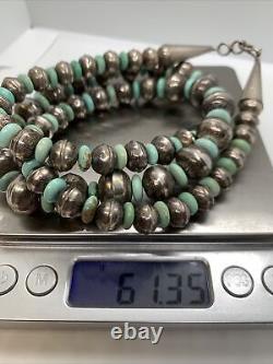 VTG Navajo Sterling Silver Graduated Stamped Bench Bead & Turquoise Necklace 28