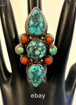 VTG Sterling Silver Spiderweb Turquoise Coral Native American Totem Ring